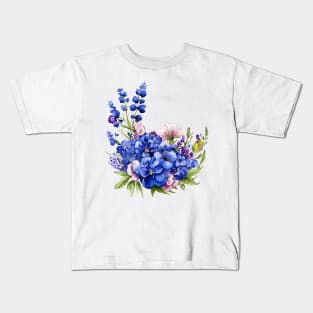 Beautiful Purple and Blue Lavender Flowers Violet Wildflowers garden Floral Pattern. Watercolor Hand Drawn Decoration. Summer Kids T-Shirt